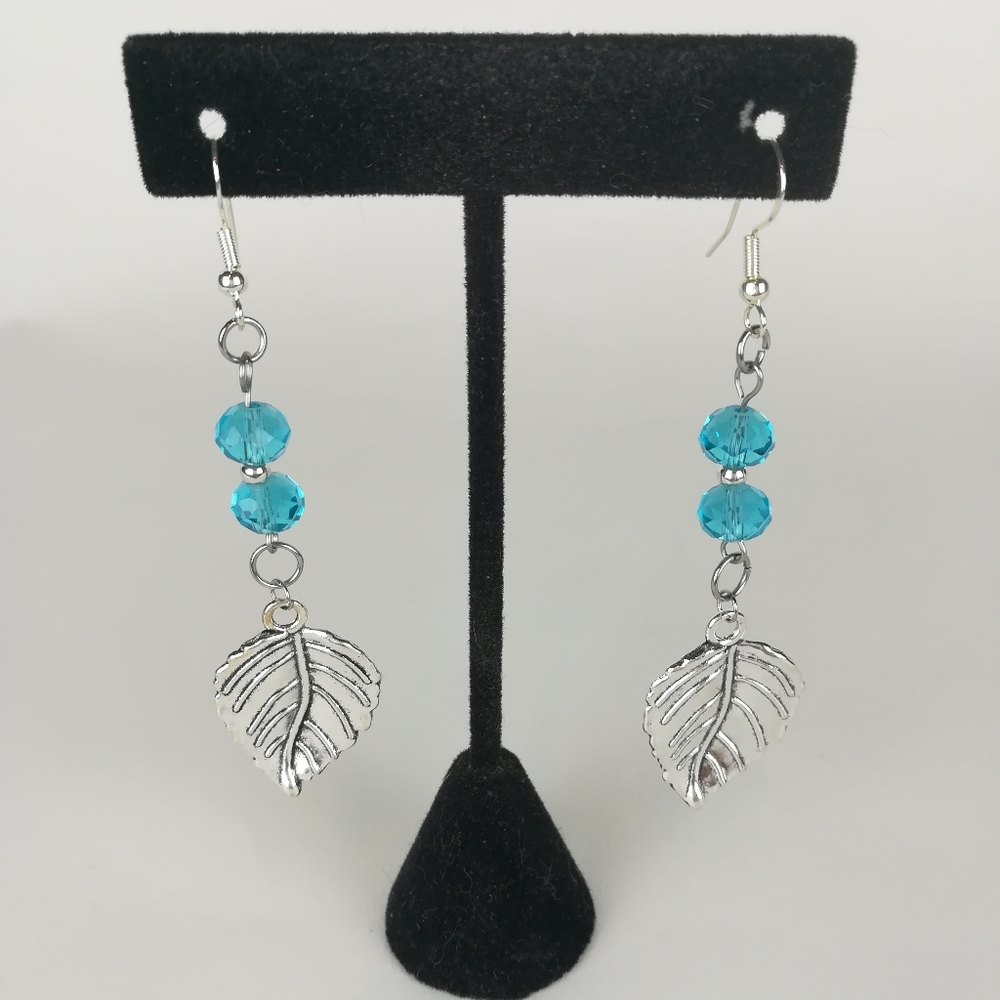 Simple dangle silver leaf earrings aqua blue faceted glass beads